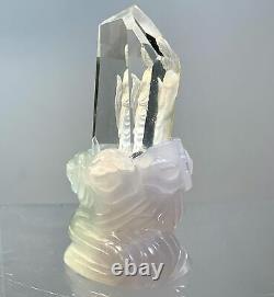 Buddha (reverse cut Clear Quartz) (lavender Fluorite stand) 2 piece statue