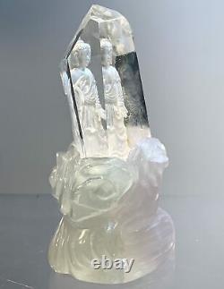 Buddha (reverse cut Clear Quartz) (lavender Fluorite stand) 2 piece statue