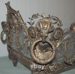 CENTER-PIECE RARE STERLING & CRYSTAL BOWL 19 C FRENCH With4 RAMS HEAD 3800 GR