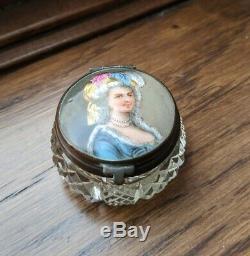 Cut Crystal Mirrored Powder or Patch Box with Hand-Painted Portrait of Woman