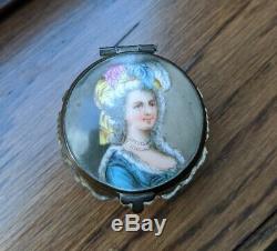 Cut Crystal Mirrored Powder or Patch Box with Hand-Painted Portrait of Woman