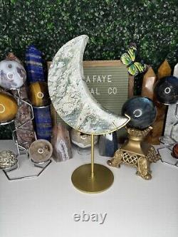 Druzy Moss Agate Moon Crystal Carvings, Statement Piece, On Stand