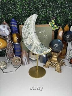 Druzy Moss Agate Moon Crystal Carvings, Statement Piece, On Stand
