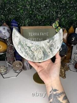 Druzy Moss Agate Moon Crystal Carvings, Statement Piece, On Stand