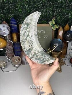 Druzy Moss Agate Moon Crystal Carvings, Statement Piece, On Stand