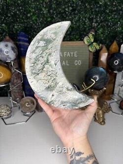 Druzy Moss Agate Moon Crystal Carvings, Statement Piece, On Stand