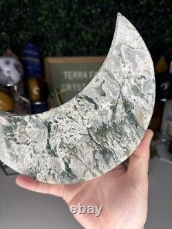 Druzy Moss Agate Moon Crystal Carvings, Statement Piece, On Stand