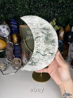 Druzy Moss Agate Moon Crystal Carvings, Statement Piece, On Stand