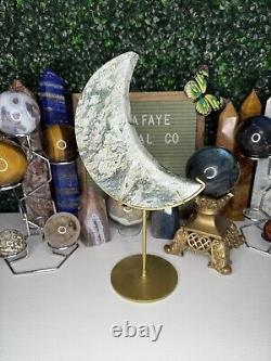Druzy Moss Agate Moon Crystal Carvings, Statement Piece, On Stand