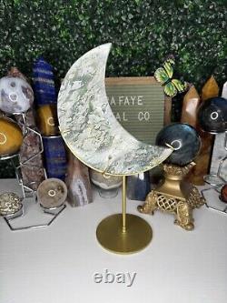 Druzy Moss Agate Moon Crystal Carvings, Statement Piece, On Stand