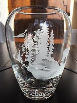 Evergreen Crystal Vase Elk Scene Signed Handcrafted Art Piece Collectible