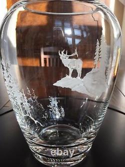 Evergreen Crystal Vase Elk Scene Signed Handcrafted Art Piece Collectible