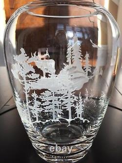 Evergreen Crystal Vase Elk Scene Signed Handcrafted Art Piece Collectible