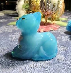 Fenton Azure Overlay Crossed Paws Cat, Rare signed floral piece