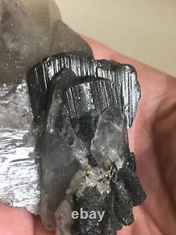 Ferberite xtls on Quartz, Kara Oba, Kazakhstan, historic piece, ex Wim Klein