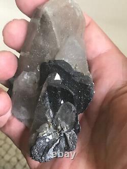 Ferberite xtls on Quartz, Kara Oba, Kazakhstan, historic piece, ex Wim Klein