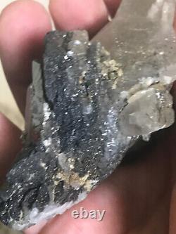 Ferberite xtls on Quartz, Kara Oba, Kazakhstan, historic piece, ex Wim Klein