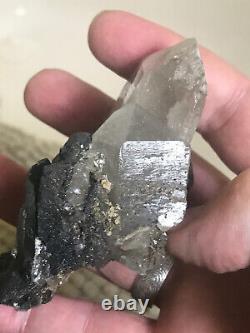 Ferberite xtls on Quartz, Kara Oba, Kazakhstan, historic piece, ex Wim Klein