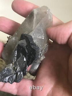 Ferberite xtls on Quartz, Kara Oba, Kazakhstan, historic piece, ex Wim Klein