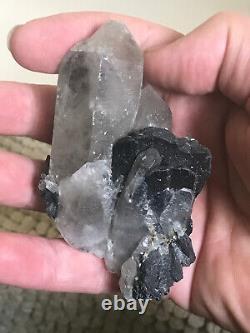 Ferberite xtls on Quartz, Kara Oba, Kazakhstan, historic piece, ex Wim Klein