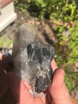 Ferberite xtls on Quartz, Kara Oba, Kazakhstan, historic piece, ex Wim Klein