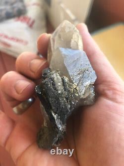 Ferberite xtls on Quartz, Kara Oba, Kazakhstan, historic piece, ex Wim Klein