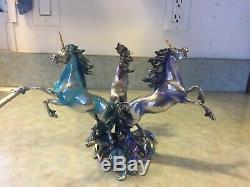 Franklin Mint Pewter Multi-Color Unicorns with Crystal Ball 2 Pieces NEW NIB