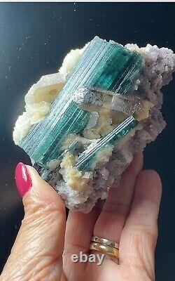 Green tourmaline with quartz, on lepidolite matrix, excellent piece