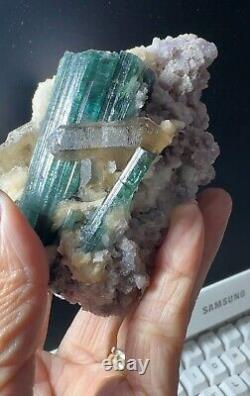 Green tourmaline with quartz, on lepidolite matrix, excellent piece