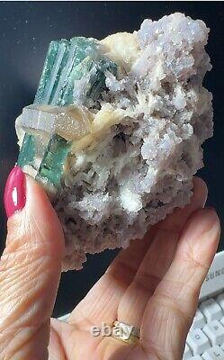 Green tourmaline with quartz, on lepidolite matrix, excellent piece