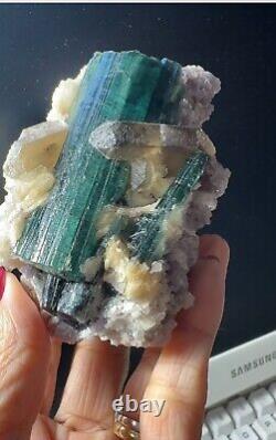 Green tourmaline with quartz, on lepidolite matrix, excellent piece