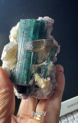 Green tourmaline with quartz, on lepidolite matrix, excellent piece