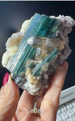 Green tourmaline with quartz, on lepidolite matrix, excellent piece