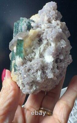 Green tourmaline with quartz, on lepidolite matrix, excellent piece