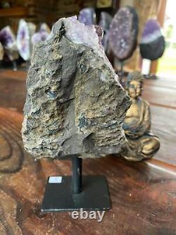 High Grade Amethyst Druzy 2 Geode Piece on Iron Base Stand 843g H17xW9xD8cm