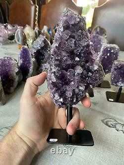 High Grade Amethyst Druzy 4 Geode Piece on Iron Base Stand 1.289g H23xW12xD6cm