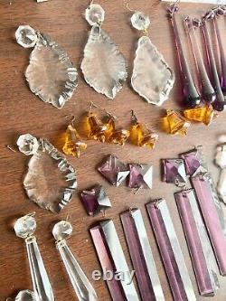 Large 63 Piece Lot Of Antique Crystal Prisms Various Shapes Sizes And Colors