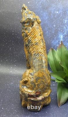 Large Mountain Jasper Hand Carved Wolf, Crystal Wolf Howling Wolf Display Piece