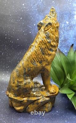 Large Mountain Jasper Hand Carved Wolf, Crystal Wolf Howling Wolf Display Piece