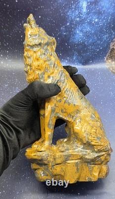 Large Mountain Jasper Hand Carved Wolf, Crystal Wolf Howling Wolf Display Piece