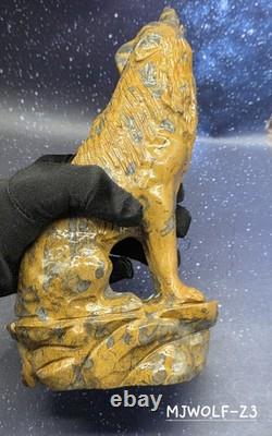 Large Mountain Jasper Hand Carved Wolf, Crystal Wolf Howling Wolf Display Piece