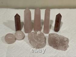 Lot Of Natural Rose Quartz Stone Spheres/towers And Raw Pieces