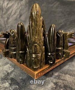 Obsidian Black & Rock Crystal Aztec Chess Set Blue Morpho Butterfly Board 4.5K