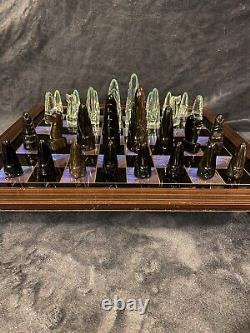 Obsidian Black & Rock Crystal Aztec Chess Set Blue Morpho Butterfly Board 4.5K