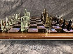 Obsidian Black & Rock Crystal Aztec Chess Set Blue Morpho Butterfly Board 4.5K