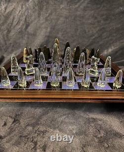 Obsidian Black & Rock Crystal Aztec Chess Set Blue Morpho Butterfly Board 4.5K