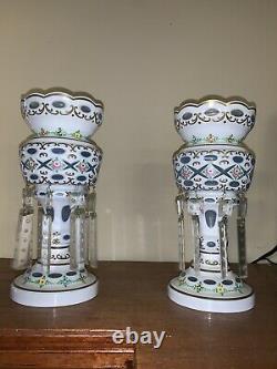 Pair of Vintage Crystal Luster Mantle Lamps with Prisms-Beautiful Estate Pieces