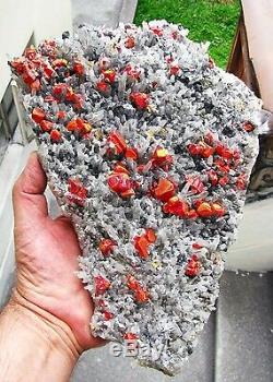 REALGARS CRIMSON RED COLOR on QUARTZS CRYSTALS BED from PERU. MUSEUM PIECE