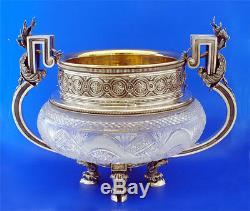 Rare Russian Silver & Crystal Huge Center Piece Bowl With Gemstones