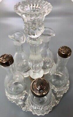 Rare Vintage 5 Piece Crystal Vinegar Cruets Set withToothpick Holder Silver Plated